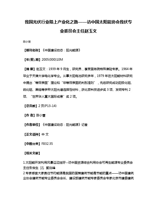 我国光伏行业踏上产业化之路——访中国太阳能协会我伏专业委员会主任赵玉文