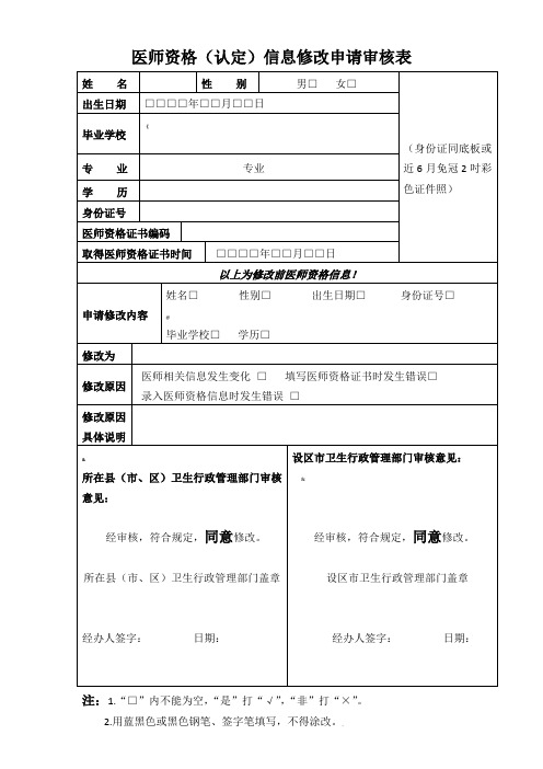 医师资格(认定)信息修改申请审核表