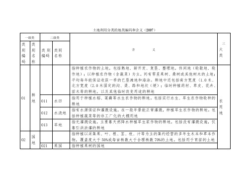 土地利用分类的地类编码和含义(2007)