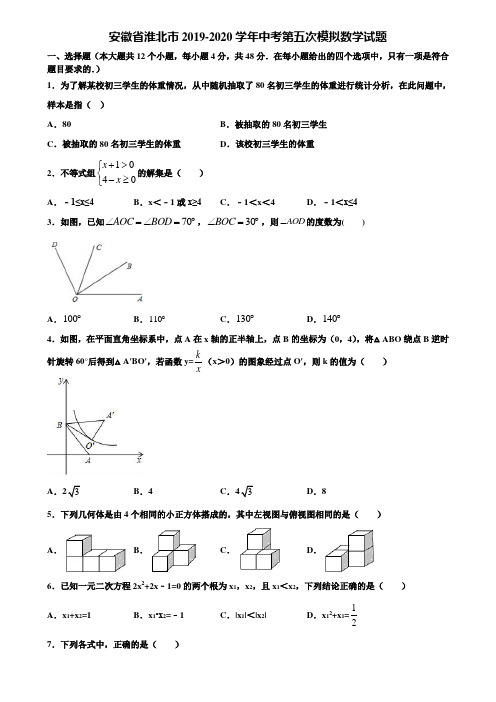 安徽省淮北市2019-2020学年中考第五次模拟数学试题含解析