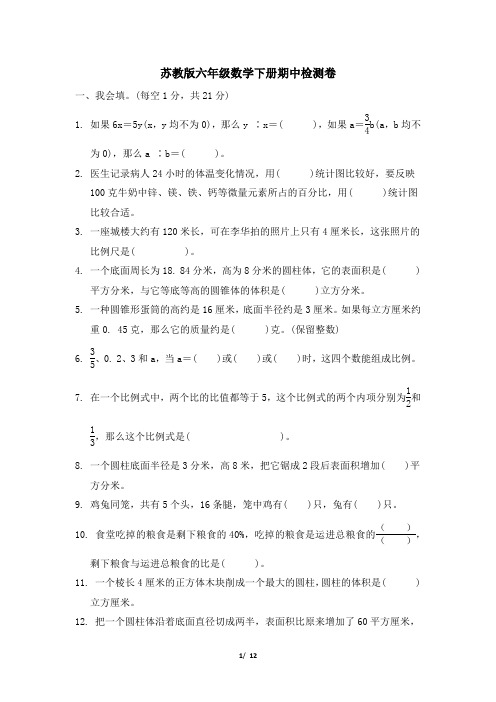 苏教版六年级数学下册期中检测卷-附答案 (2)