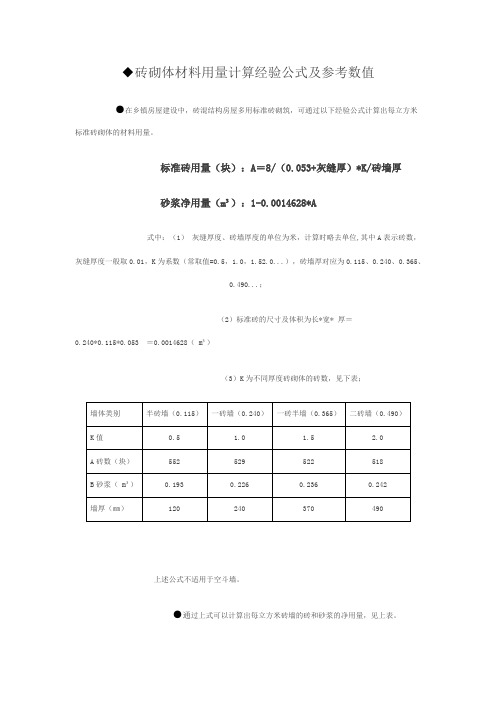 砖砌体材料用量计算的经验公式及实例计算