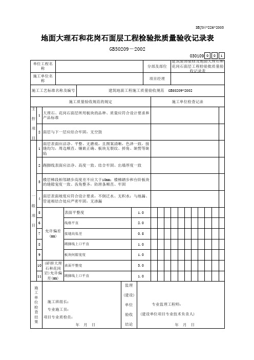 地面大理石和花岗石面层工程检验批质量验收记录表