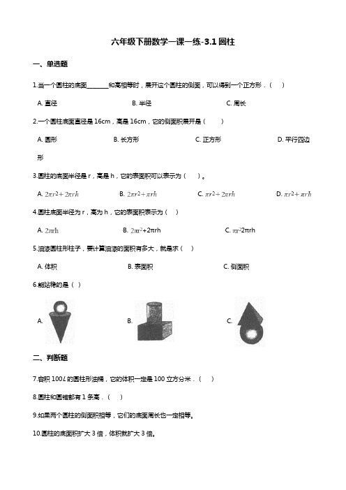 六年级下册数学一课一练-3.1圆柱 人教版(含答案)