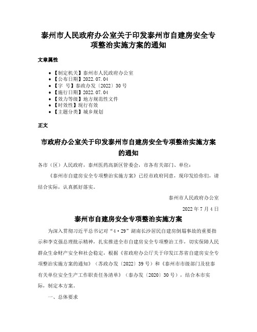 泰州市人民政府办公室关于印发泰州市自建房安全专项整治实施方案的通知