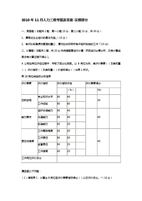 XXXX年月人力三级考题及答案实操部分