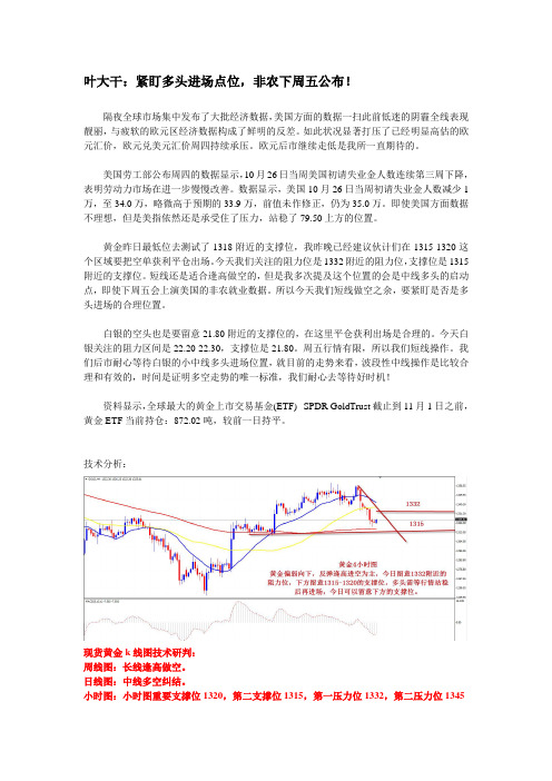 2013年11月1日叶大干(黄金)+叶大干：紧盯多头进场点位,非农下周五公布!