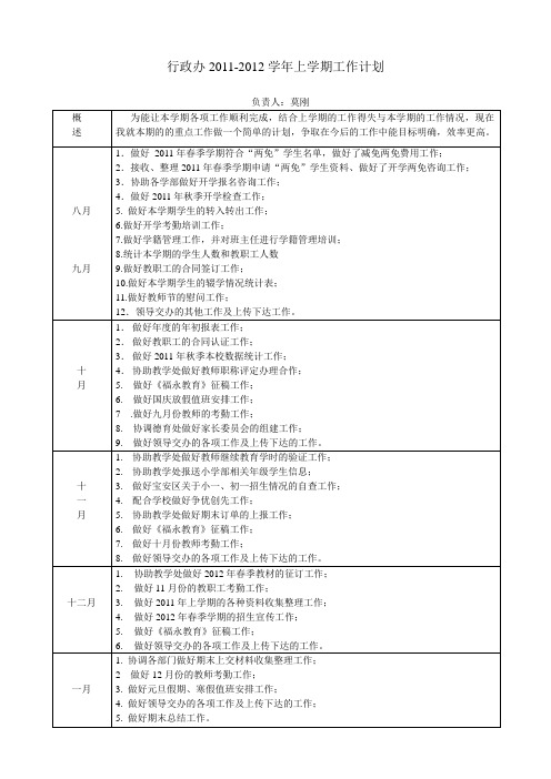 行政办2011-2012学年上学期工作计划