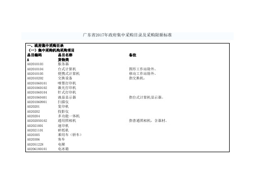 广东省2017年政府集中采购目录及采购限额标准