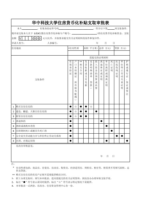 华中科技大学住房货币化补贴支取审批表