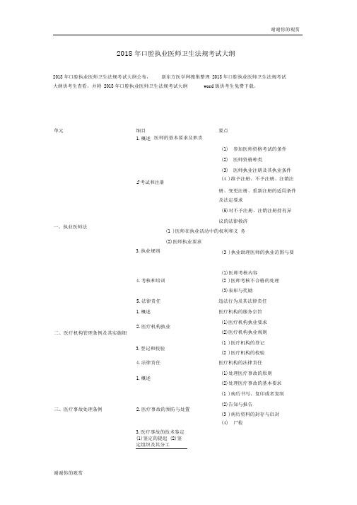 2018年口腔执业医师卫生法规考试大纲.doc