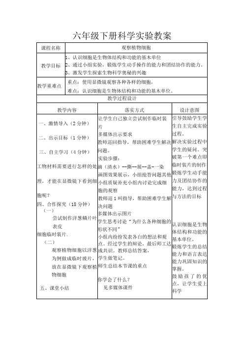 六年级科学演示实验《观察细胞》教案