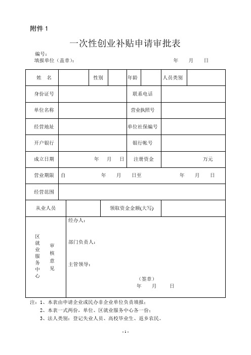 一次性创业补贴申请审批表