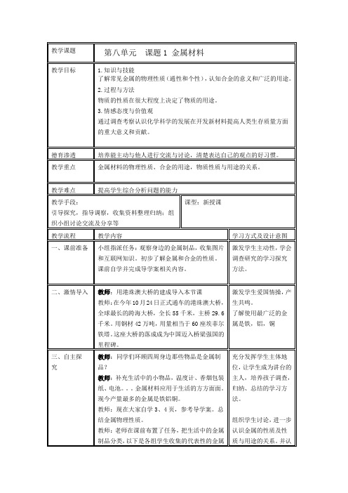 人教版九年级化学教案设计：8.1金属材料