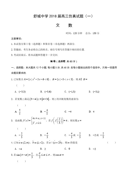 安徽省六安市舒城中学2018届高三仿真(一)数学(文)