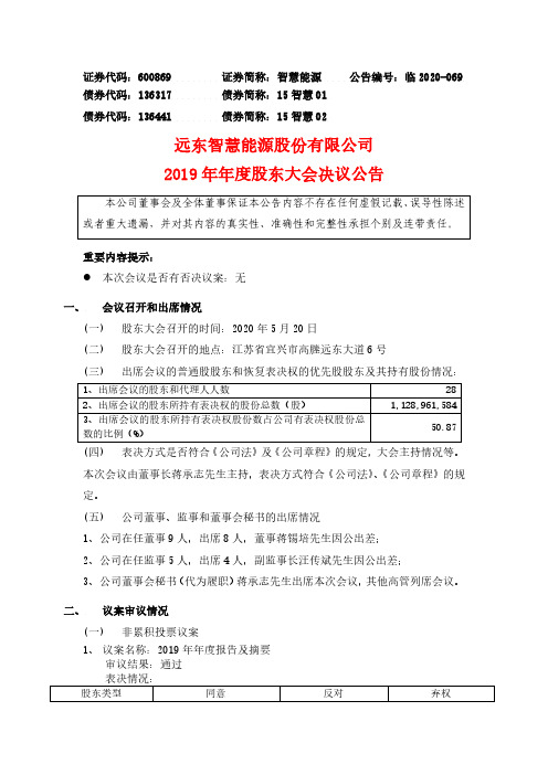 智慧能源：2019年年度股东大会决议公告