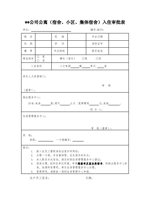 公司公寓(宿舍、小区、集体宿舍)入住审批表(模板)