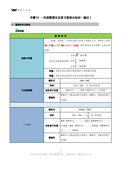 人教版八年级数学下学期期末重难点知识专题04一次函数重难点知识1(原卷版).doc