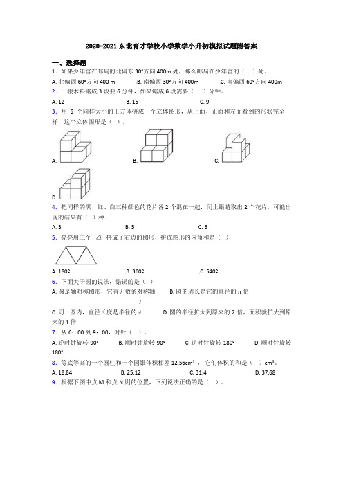 2020-2021东北育才学校小学数学小升初模拟试题附答案