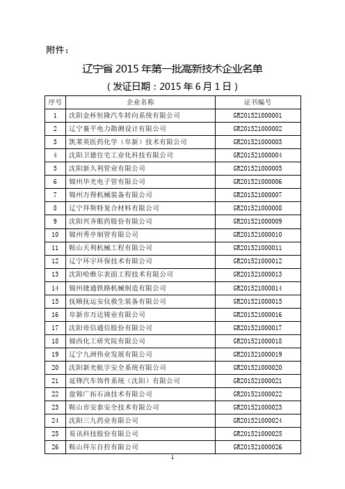 辽宁省2015年第一批高新技术企业名单