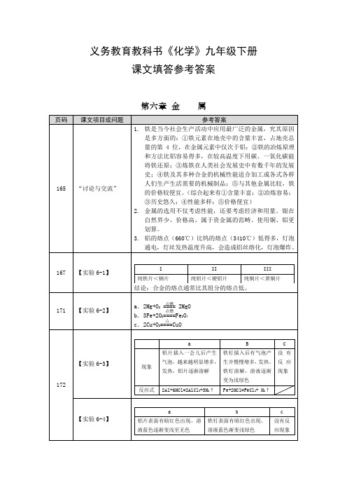 义务教育教科书《化学》九年级下册课文填答参考答案