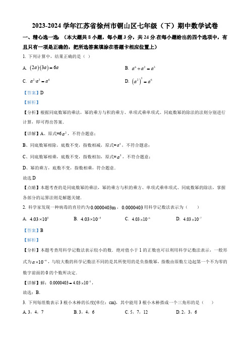 江苏省徐州市铜山区2023-2024学年七年级下学期期中数学试题(解析版)