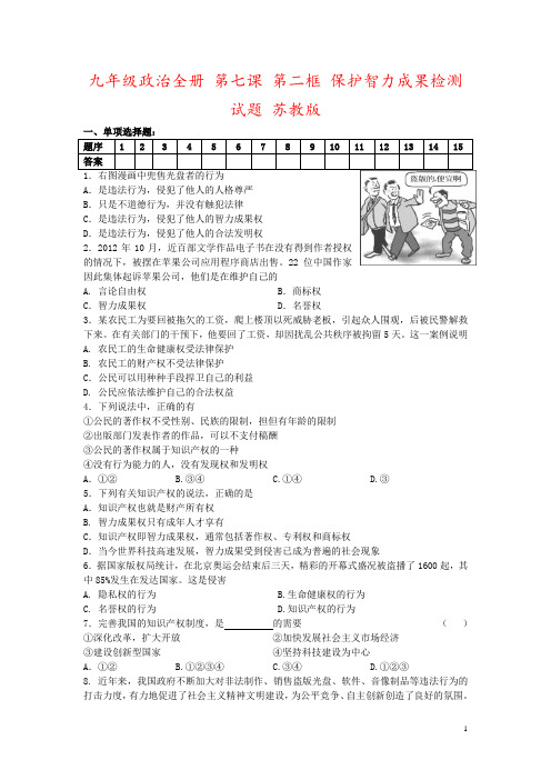 九年级政治全册 第七课 第二框 保护智力成果检测试题 苏教版