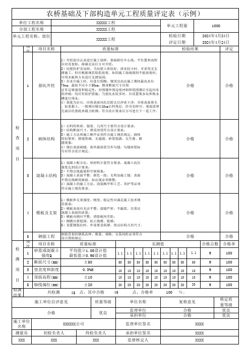 农桥基础及下部构造单元工程质量评定表(示例)