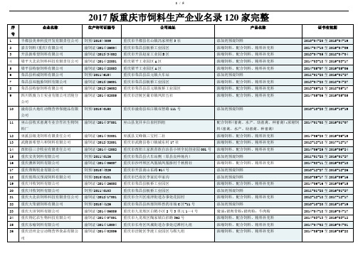 2017版重庆市饲料生产企业名录120家完整