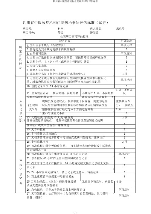 四川省中医医疗机构住院病历书写评估标准