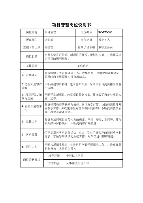 项目管理岗位说明书