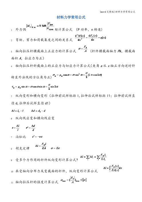 (word完整版)材料力学常用公式