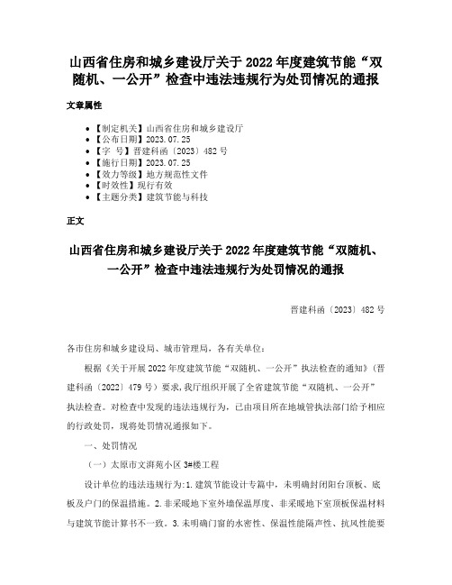 山西省住房和城乡建设厅关于2022年度建筑节能“双随机、一公开”检查中违法违规行为处罚情况的通报