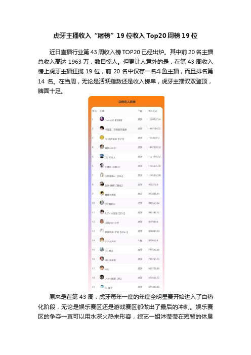 虎牙主播收入“屠榜”19位收入Top20周榜19位