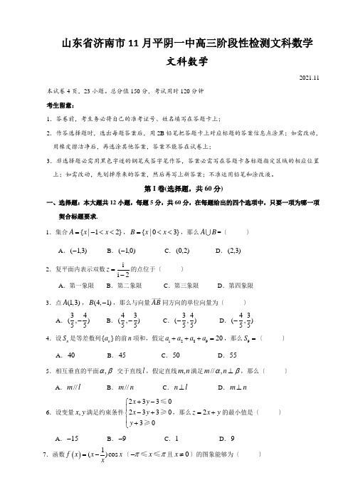 山东省济南市11月平阴一中高三阶段性检测文科数学