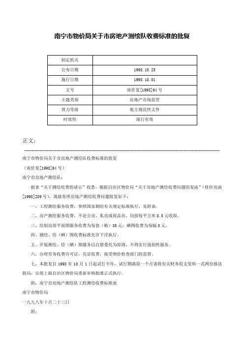 南宁市物价局关于市房地产测绘队收费标准的批复-南价复[1998]64号