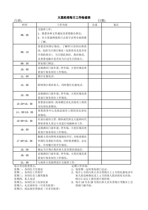 酒店大堂经理每日工作检查表