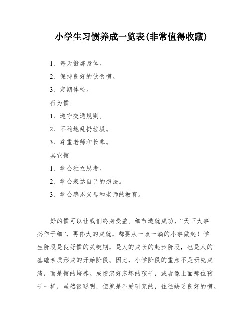 小学生习惯养成一览表(非常值得收藏)