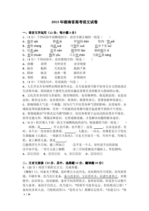 2013年湖南省高考语文试卷及解析