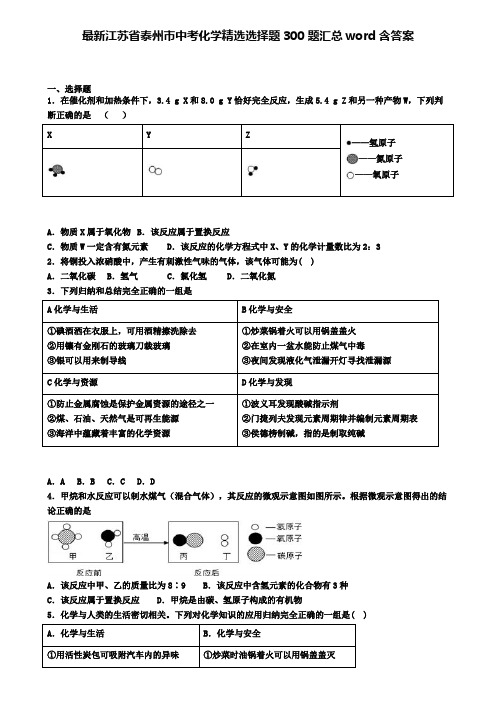 最新江苏省泰州市中考化学精选选择题300题汇总word含答案