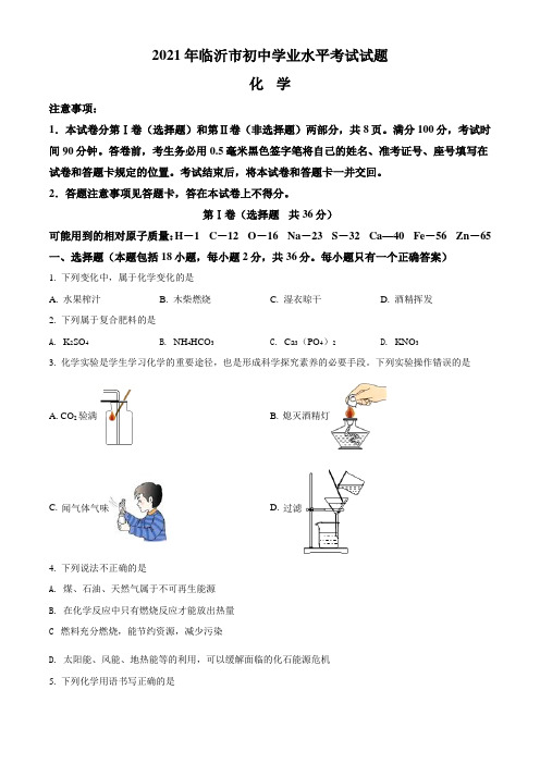 山东省临沂市2021年中考化学试题真题(Word+答案+解析)