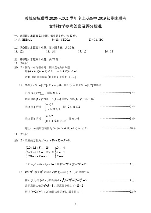 蓉城名校联盟2020～2021学年度上期高中2019级期末联考文科数学参考答案及评分标准