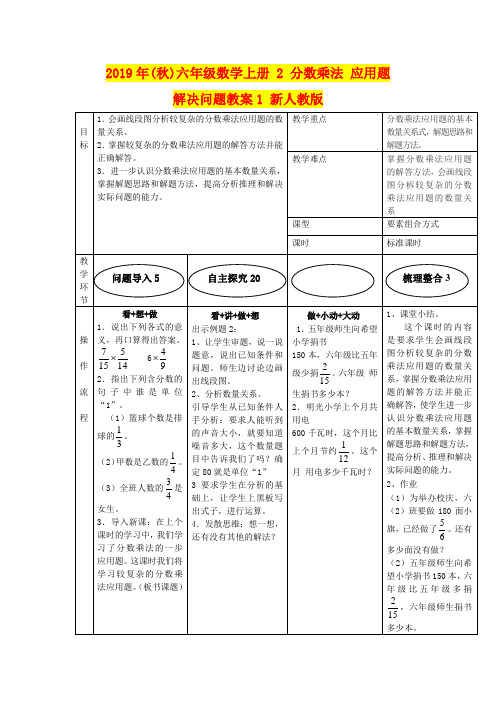 2019年(秋)六年级数学上册 2 分数乘法 应用题解决问题教案1 新人教版