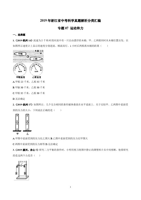 2019年浙江省中考科学真题解析分类汇编专题07 运动和力(原卷版)