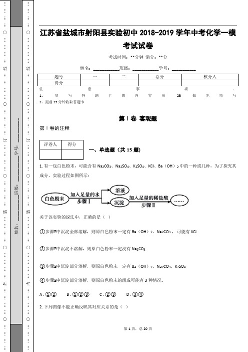 江苏省盐城市射阳县实验初中2018-2019学年中考化学一模考试试卷(含答案解析)