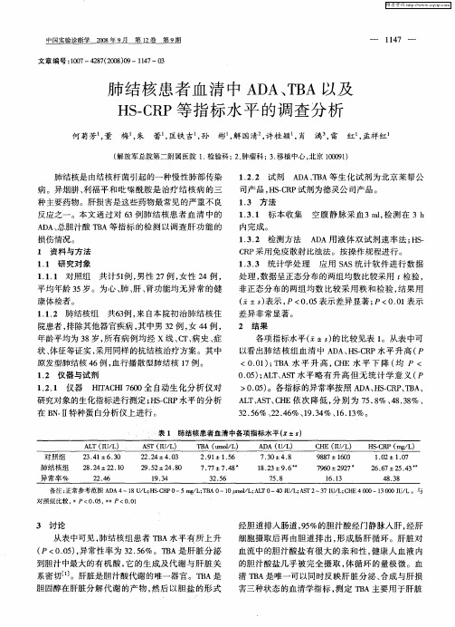 肺结核患者血清中ADA、TBA以及HS-CRP等指标水平的调查分析