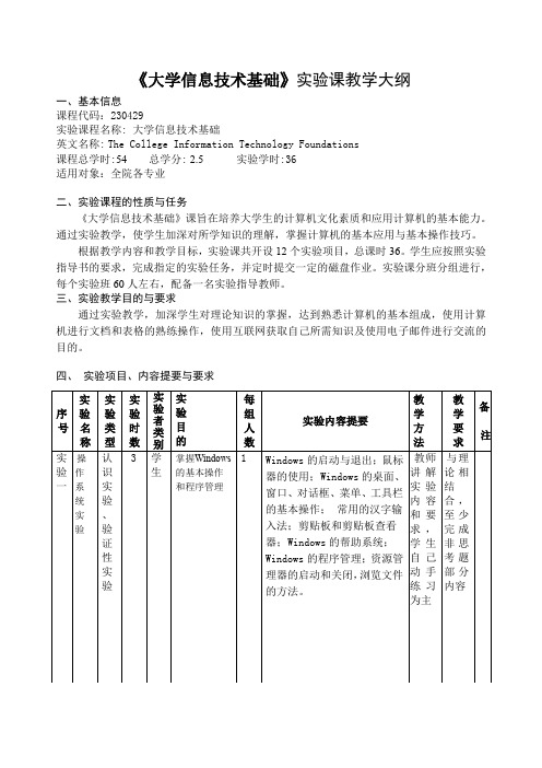 大学信息技术基础实验课教学大纲