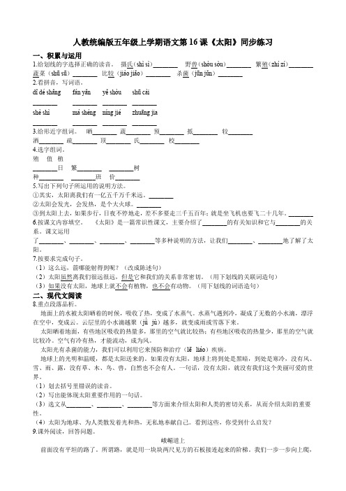 人教版统编版五年级上册语文试题-第16课《太阳》同步练习 人教部编版(含答案)