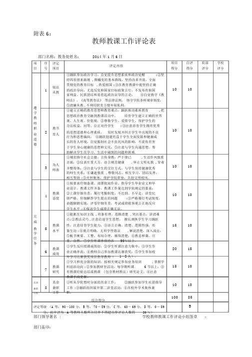 教师教学工作评价表