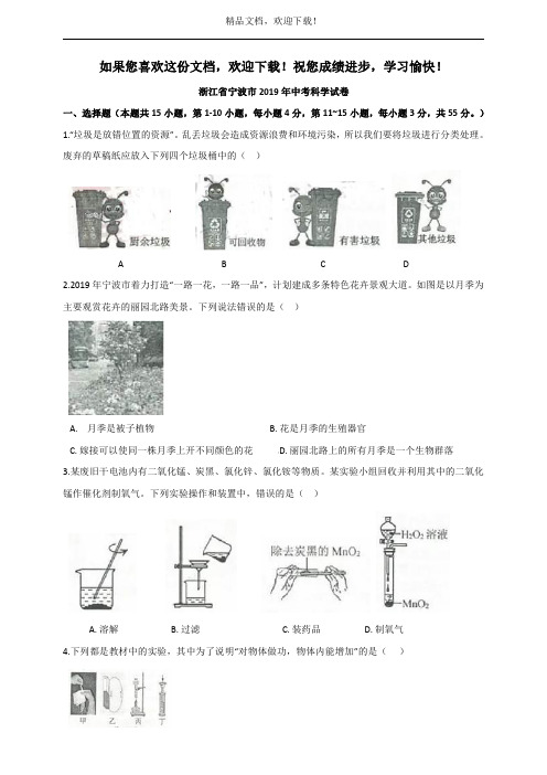 浙江省2019年初中学业水平考试(宁波卷)科学试题卷(word版,含答案)